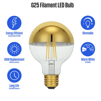 5.5 Watt G25 Flood Dimmable Filament LED Light Bulb 1/2 Gold Medium (E26) Base, 3-Pack