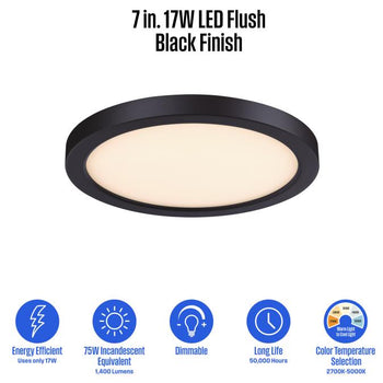 7 inch, 17 Watt Dimmable LED Indoor/Outdoor Flush Mount Ceiling Fixture, Black