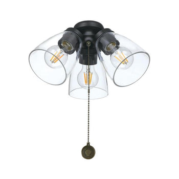 Three-Light Cluster Ceiling Fan Light Kit, Indoor/Outdoor, Matte Black with Clear Glass