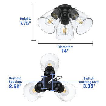 Three-Light Cluster Ceiling Fan Light Kit, Indoor/Outdoor, Matte Black with Clear Glass