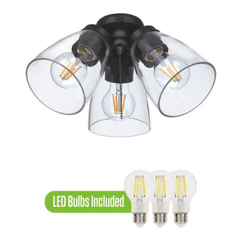 Three-Light Cluster Ceiling Fan Light Kit, Indoor/Outdoor, Matte Black with Clear Glass
