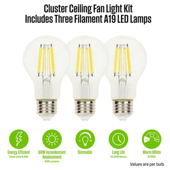 Three-Light Cluster Ceiling Fan Light Kit, Indoor/Outdoor, Matte Black with Clear Glass