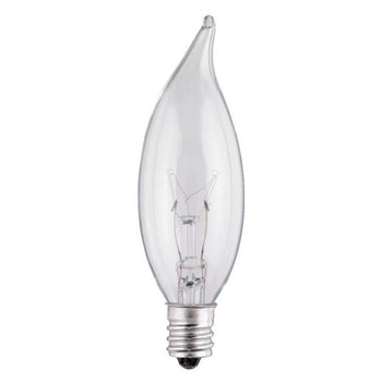15 Watt CA8 Flame Tip Incandescent Clear E12 (Candelabra) Base, 130 Volt, Box