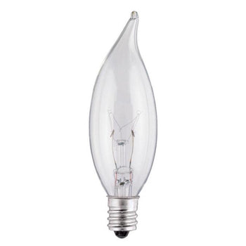 25 Watt CA8 Flame Tip Incandescent Clear E12 (Candelabra) Base, 130 Volt, Box