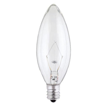 25 Watt B9 1/2 Torpedo Incandescent Clear E12 (Candelabra) Base, 130 Volt, Box