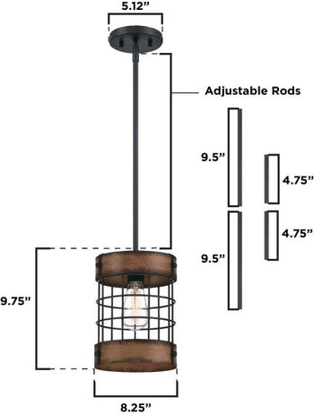 Langston One-Light Indoor Pendant, Matte Black Finish with Barnwood Accents