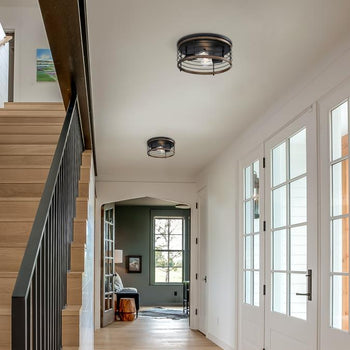 13 in. Ackton 2 Light Flush, Matte Black Finish with Barnwood Accents