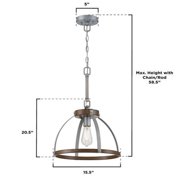 Oak Lane One-Light Indoor Pendant/Semi-Flush Mount Ceiling Fixture, Barnwood Finish with Galvanized Steel Accents