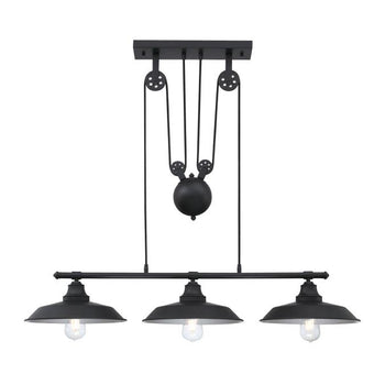 Iron Hill Three-Light Indoor Pulley Pendant, Matte Black Finish