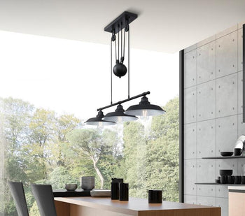 Iron Hill Three-Light Indoor Pulley Pendant, Matte Black Finish