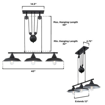 Iron Hill Three-Light Indoor Pulley Pendant, Matte Black Finish
