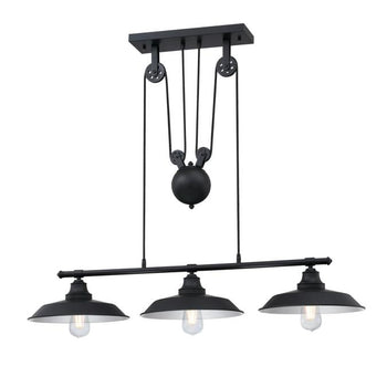 Iron Hill Three-Light Indoor Pulley Pendant, Matte Black Finish