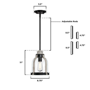 Cindy One-Light Indoor Mini Pendant, Matte Black Finish with Antique Ash Accents