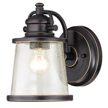 Emma Jane One-Light Outdoor Wall Lantern, Amber Bronze Finish with Highlights on Steel and Clear Seeded Glass