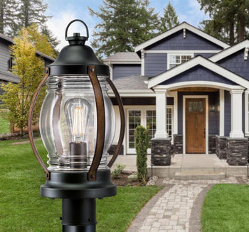 Canyon One-Light Outdoor Post Top Fixture, Textured Black and Barnwood Finish