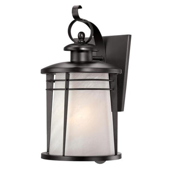 Senecaville One-Light Exterior Wall Lantern, Weathered Bronze Finish on Steel with White Alabaster Glass
