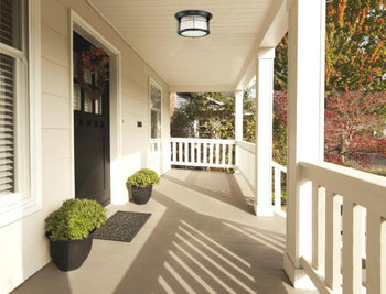 Senecaville Two-Light Exterior Flush-Mount Fixture, Weathered Bronze Finish on Steel with White Alabaster Glass