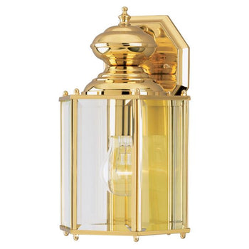 One-Light Exterior Wall Lantern, Polished Brass Finish on Steel with Clear Beveled Glass Panels
