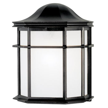 One-Light Exterior Wall Lantern, Textured Black Finish on Cast Aluminum with Frosted Acrylic Lens