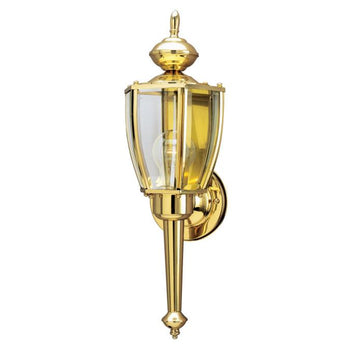 One-Light Exterior Wall Lantern, Polished Brass Finish on Steel with Clear Curved Beveled Glass Panels