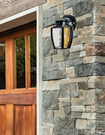One-Light Exterior Wall Lantern, Matte Black Finish on Steel with Clear Curved Glass Panels