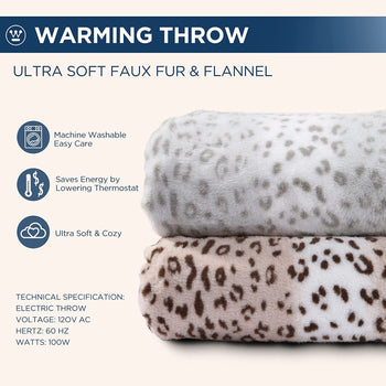 Electric Heated Blanket Luxurious Faux Fur Reverse to Flannel Leopard