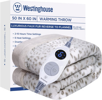 Electric Heated Blanket Luxurious Faux Fur Reverse to Flannel Grey Leopard