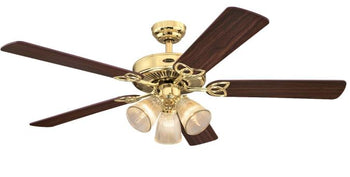Vintage 52-Inch Five-Blade Indoor Ceiling Fan, Polished Brass Finish with Dimmable LED Light Fixture