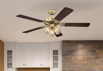 Vintage 52-Inch Five-Blade Indoor Ceiling Fan, Polished Brass Finish with Dimmable LED Light Fixture