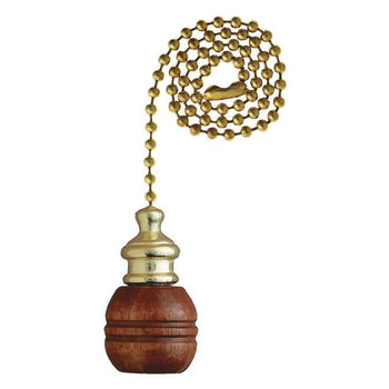 Sculptured Walnut Wooden Ball Pull Chain, Polished Brass Finish