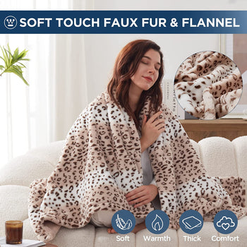Electric Heated Blanket Luxurious Faux Fur Reverse to Flannel Leopard
