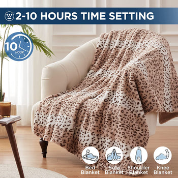Electric Heated Blanket Luxurious Faux Fur Reverse to Flannel Leopard